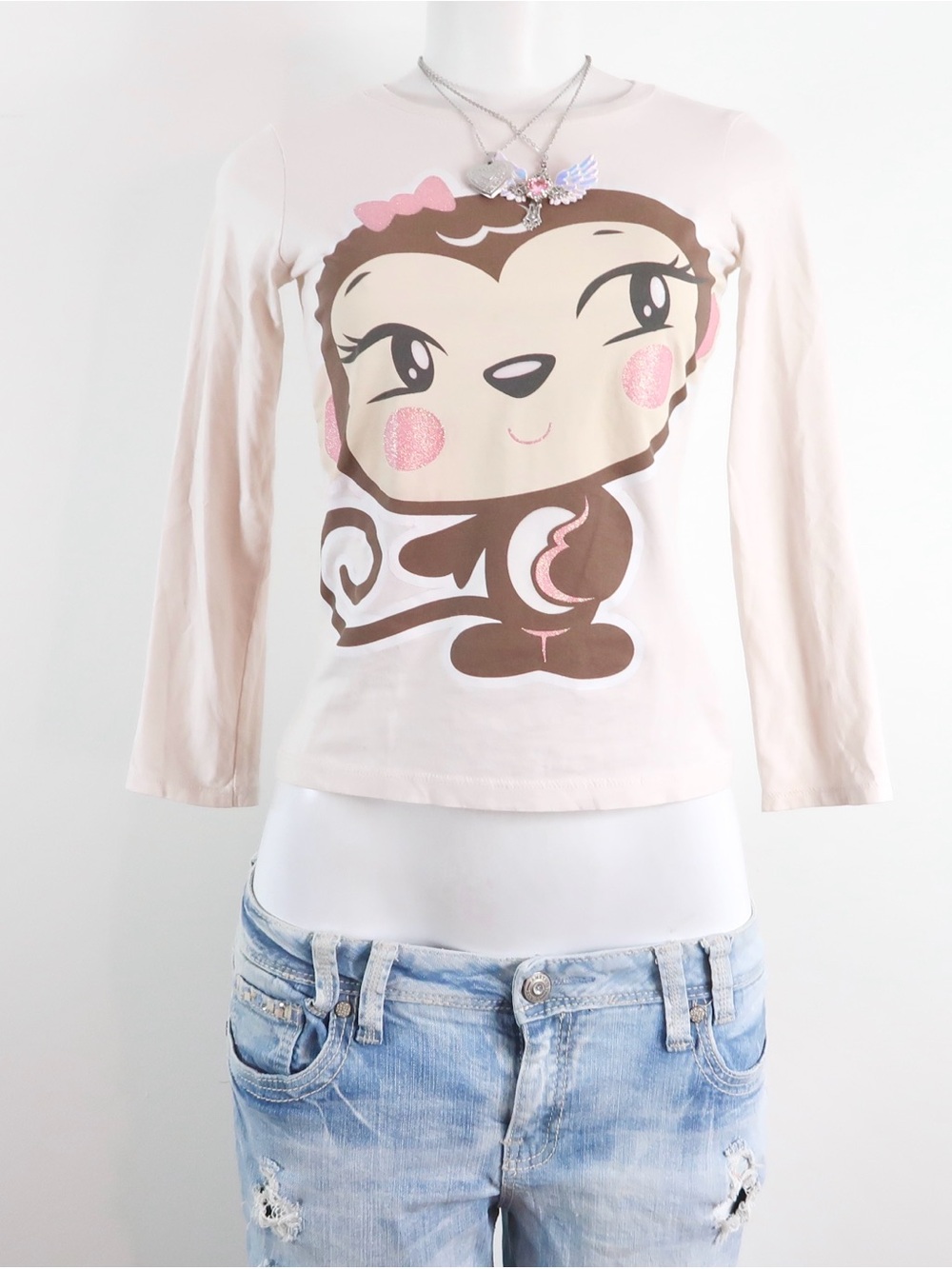 y2k vintage monkey graphic long sleeve baby tee pink white